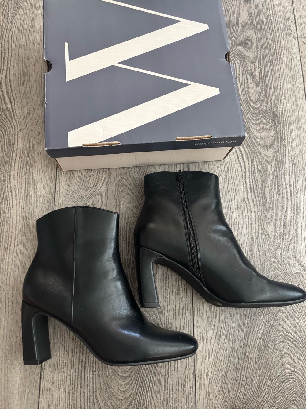 Worthington Black Leather Ankle Booties with Block Heel